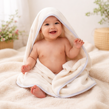 Load image into Gallery viewer, Organic Cotton Hooded Towel with Lavender Stripe Trim