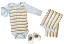 Load image into Gallery viewer, Organic Cotton Baby Blue Striped Set Bodysuit, Blanket, Booties