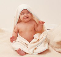 Load image into Gallery viewer, Organic Cotton Hooded Towel with Lavender Stripe Trim