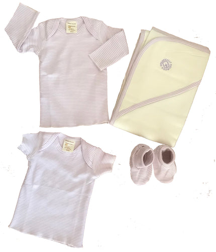 Organic Cotton Baby Set - Tees, Hooded Towel, Booties Lavender Stripe Collection
